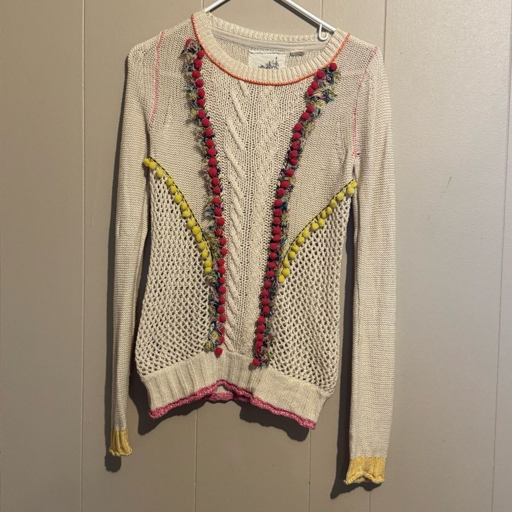 ANTHROPOLOGIE Angel Of The North Sweater Sz S Pom Poms Fringe Long
Sleeves BOHO - Picture 2 of 11
